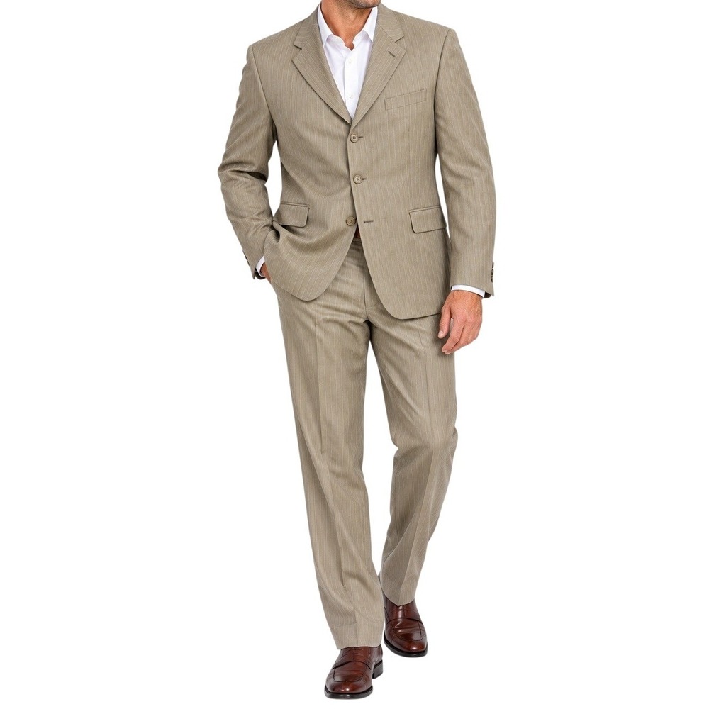 Louis Roth Tan Pinstripe 100% Wool 2 Piece Suit And Pants Men's 42S
